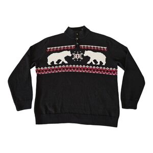 Chaps Polar Bear Fair Isle Sweater Men's XL Nordic Mock Neck Black Cotton